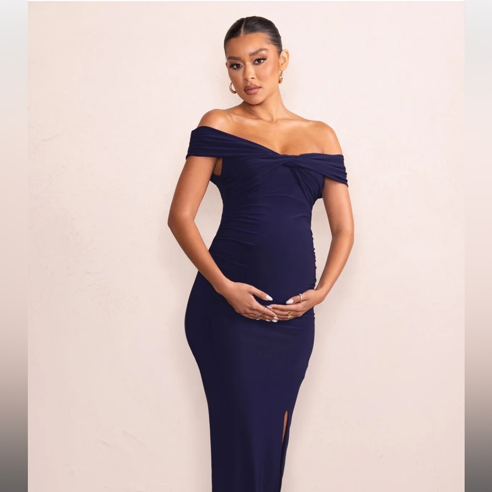 Club L London Kia Navy Twist Bardot Maternity Maci Dress with Split size 8 US